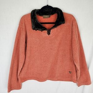 Wooly Bully Fleece Pullover Orange Brown Faux Fur Neck Lining Toggle Buttons Wom